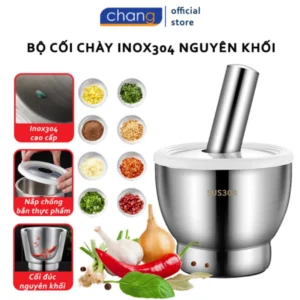 Bộ Chày Cối Inox 304 Có Nắp Đậy, Chày Cối Nguyên Khối Nghiền Thực Phẩm Nhuyễn Mịn Tiện Lợi Cho Gia Đình